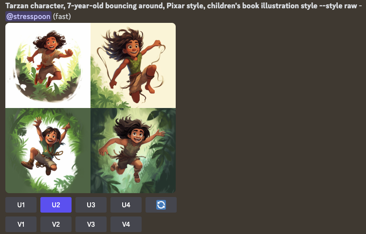 Tarzan character, 7-year-old bouncing around, Pixar style, children's book illustration style --style raw